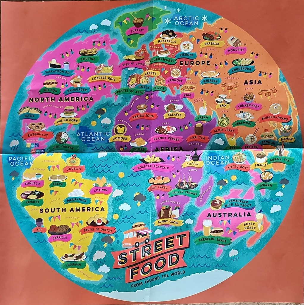 A whimsical illustrated map of the world depicting iconic street foods from various countries.