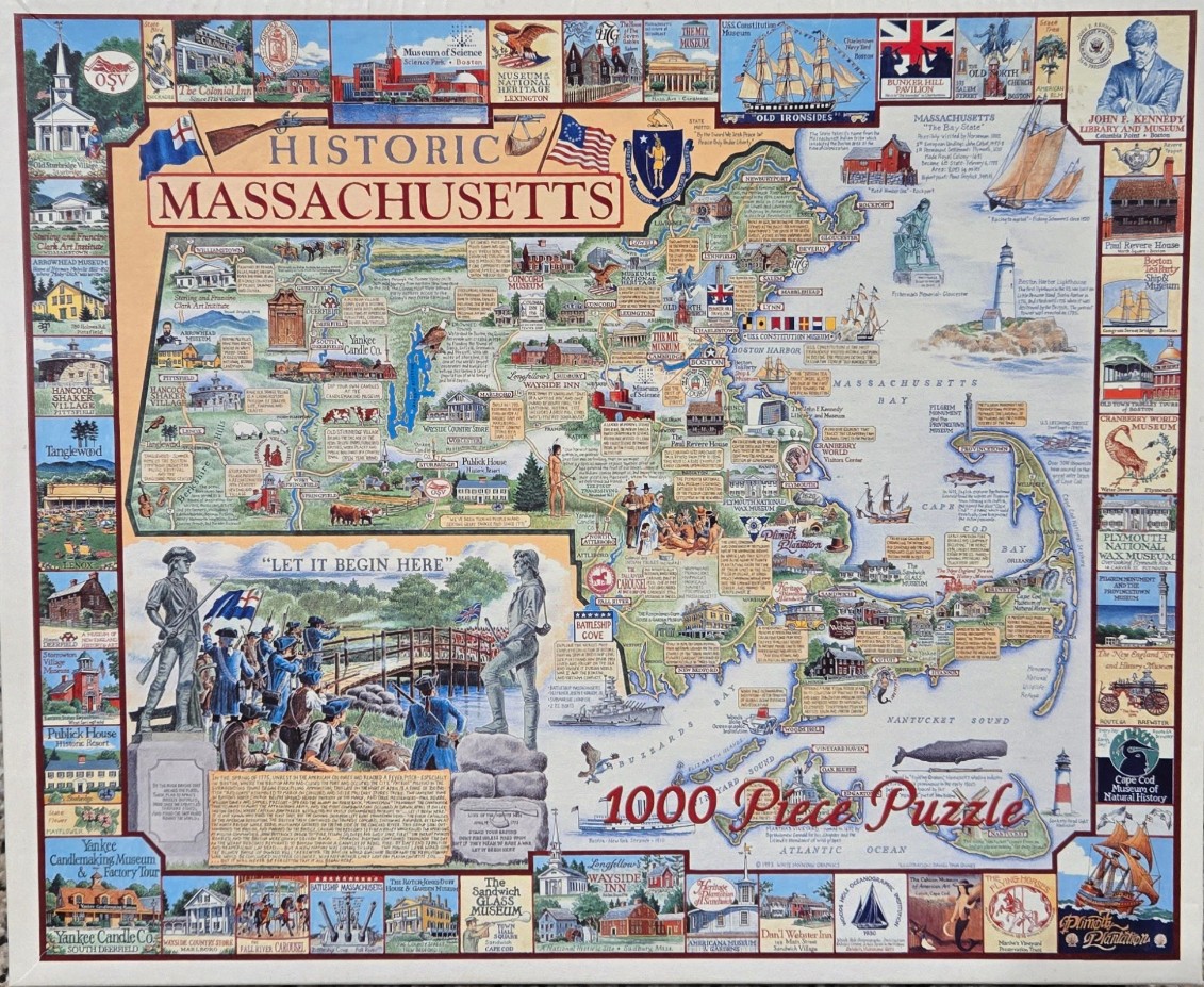 A pictorial map of Massachusetts featuring historical sites, illustrations of colonial figures, and regional landmarks.