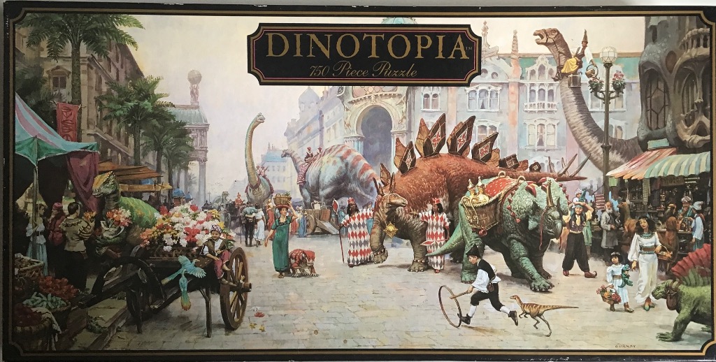 An oil painting of a bustling fantasy marketplace where humans and dinosaurs interact in a historic city square.