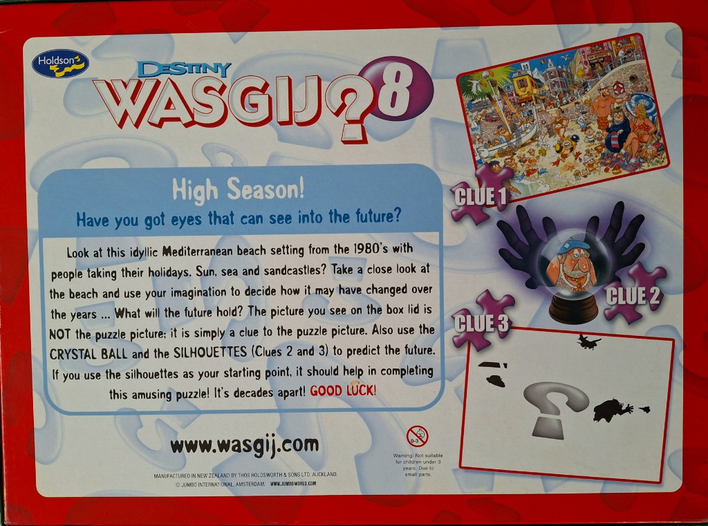 Wasgij Destiny "High Season!" puzzle: 1980s beach scene, crystal ball, silhouettes.