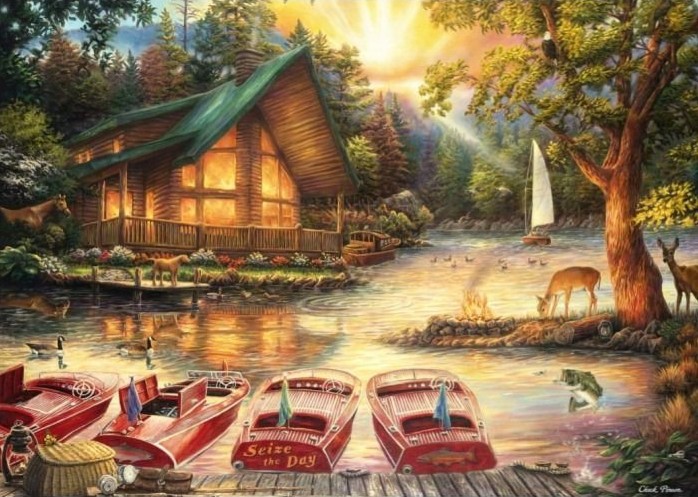 A cozy log cabin at sunset by a lake filled with small boats, wildlife, and a bright golden sky.