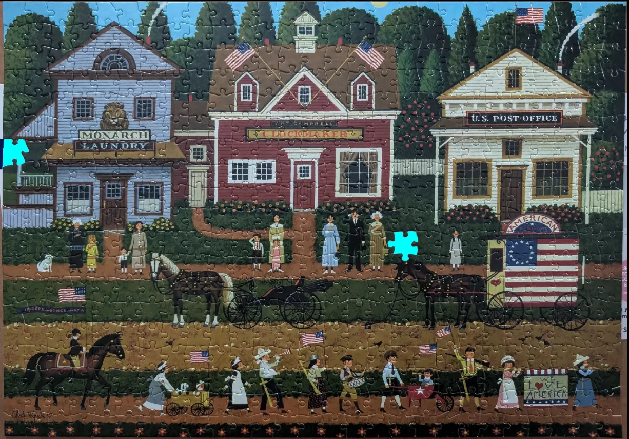 Folk art illustration of a small town Independence Day parade in front of three historical buildings.