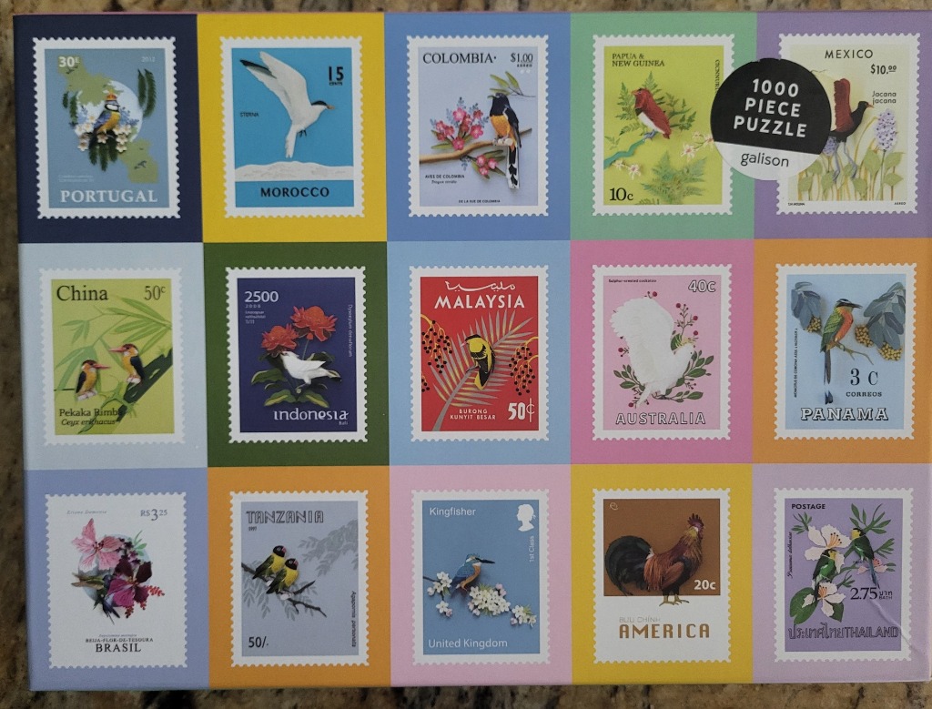 A collage of fifteen vintage-style postage stamps featuring various birds from different countries.