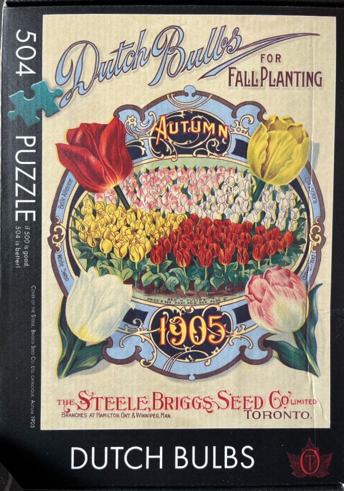 Vintage botanical advertisement for Dutch flower bulbs featuring a floral arrangement and ornate typography.