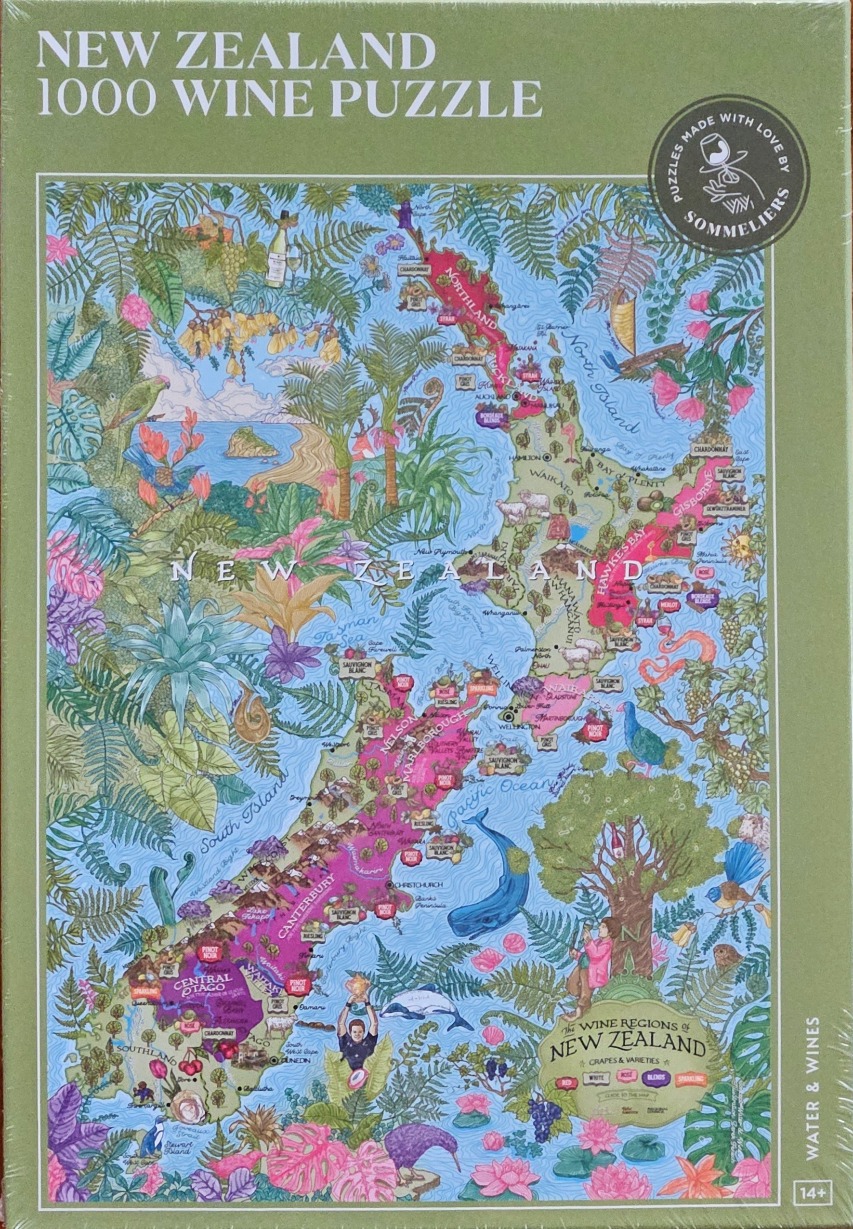 An illustrated map of New Zealand featuring wine regions, lush tropical flora, and native wildlife.