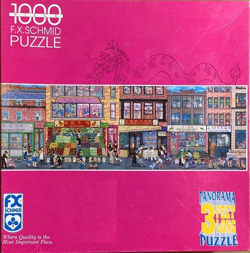 A panoramic illustration of a busy Chinatown street with colorful storefronts and shoppers on a vibrant pink background.