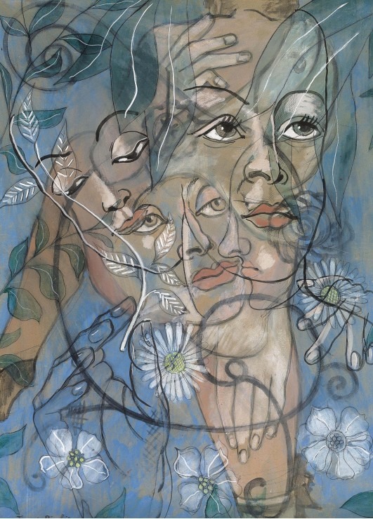 Abstract illustration of multiple overlapping faces and floral elements in shades of blue, beige, and white.