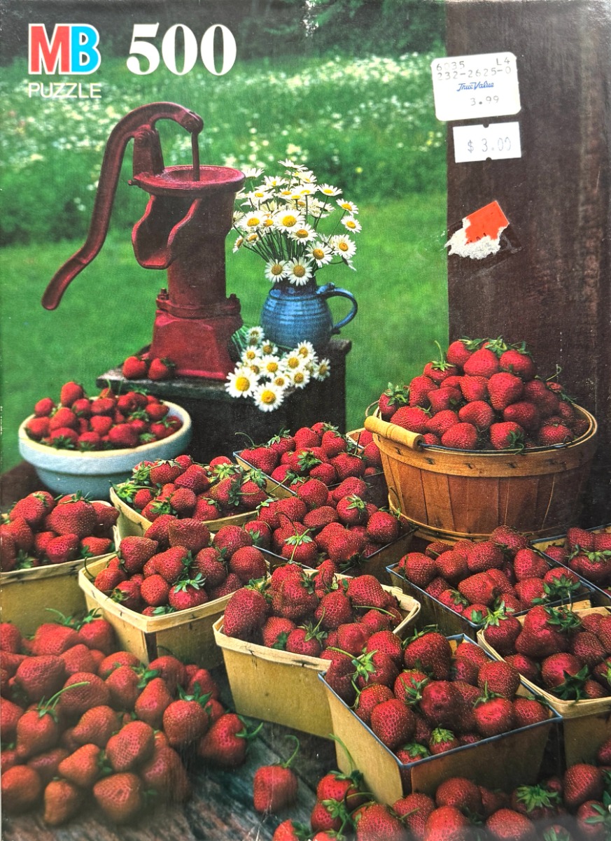 A rustic outdoor scene featuring a red water pump, daisies, and numerous baskets of fresh strawberries.