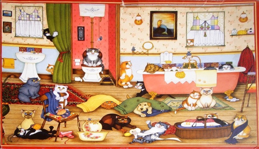 A whimsical illustration of a bathroom filled with many different cats in various activities.