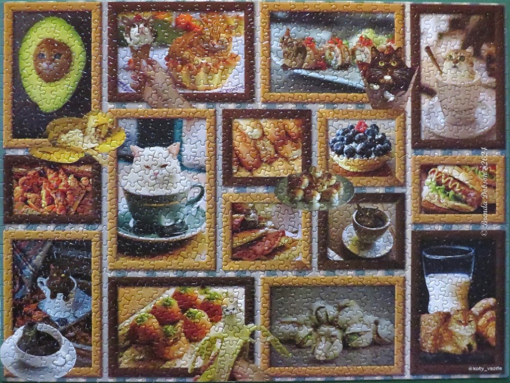 A collage of framed images depicting cats shaped as various food items.