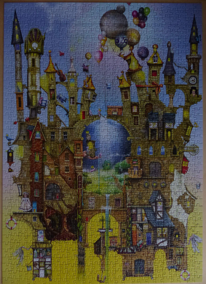 A whimsical illustration of a multi-tiered, vertical castle filled with curious details and floating balloons.