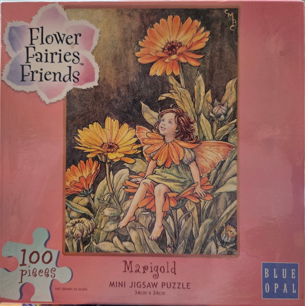 A vintage illustration of a small fairy with marigold petals as a collar, sitting amongst large, bright orange flowers.