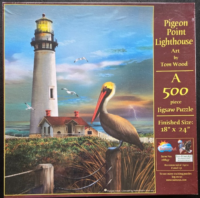 A brown pelican perched on a fence post in front of the Pigeon Point Lighthouse at dusk.