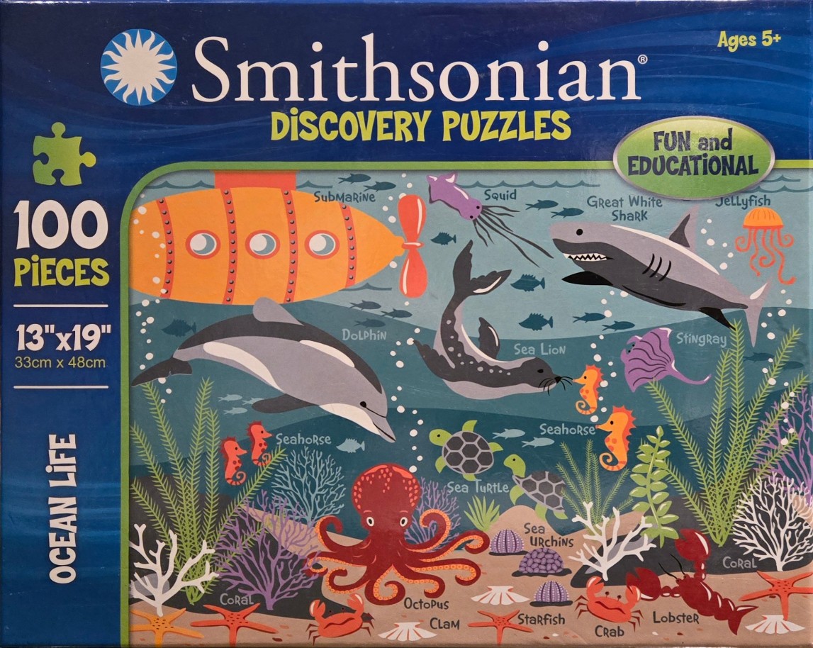 Educational illustration of various ocean animals against an underwater background.