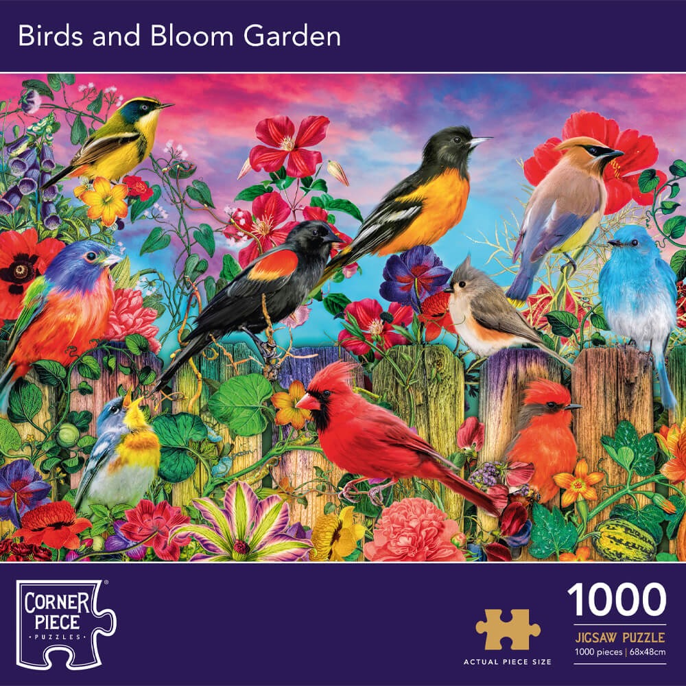 A collection of colorful songbirds perched on a weathered picket fence amidst vibrant garden flowers.