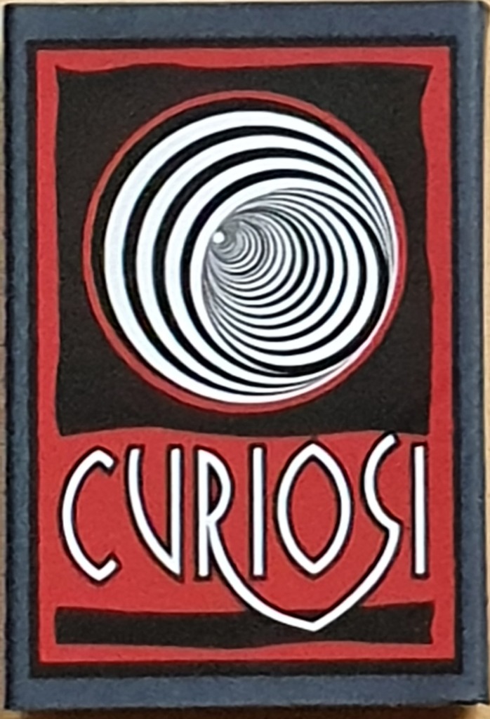 A black-and-white spiral tunnel graphic above the word CURIOSI in red, black, and white.