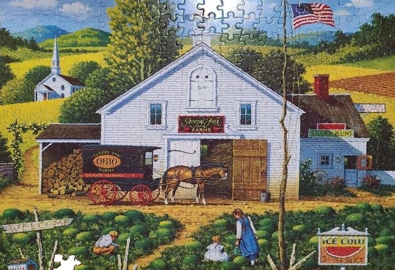 A rural farm scene with a large white barn, horse-drawn carriage, and watermelon patch.