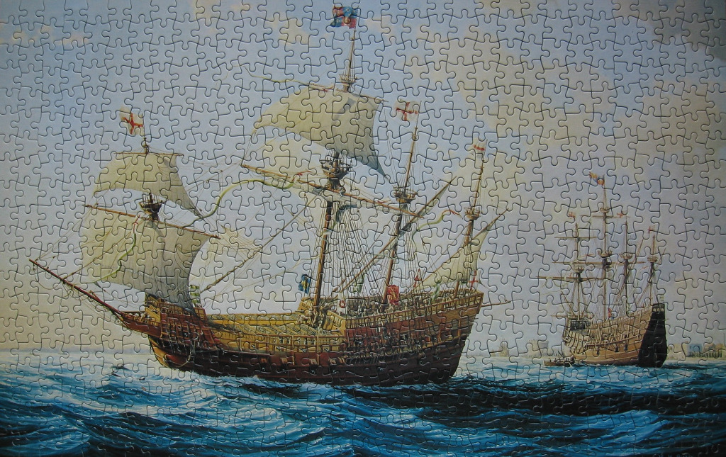 An oil painting of a large 16th-century galleon sailing alongside a smaller ship on a choppy sea.