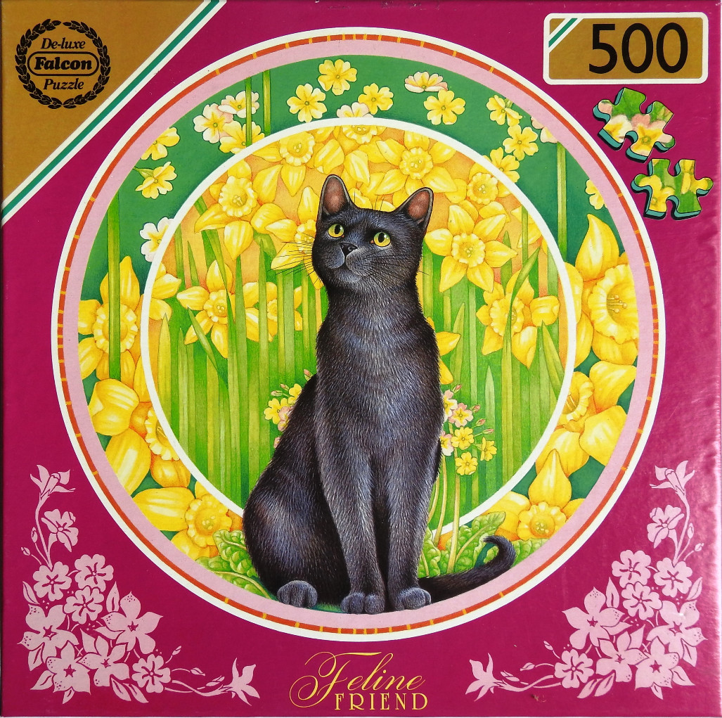 An illustration of a sleek black cat sitting in a circular frame surrounded by bright yellow daffodils.