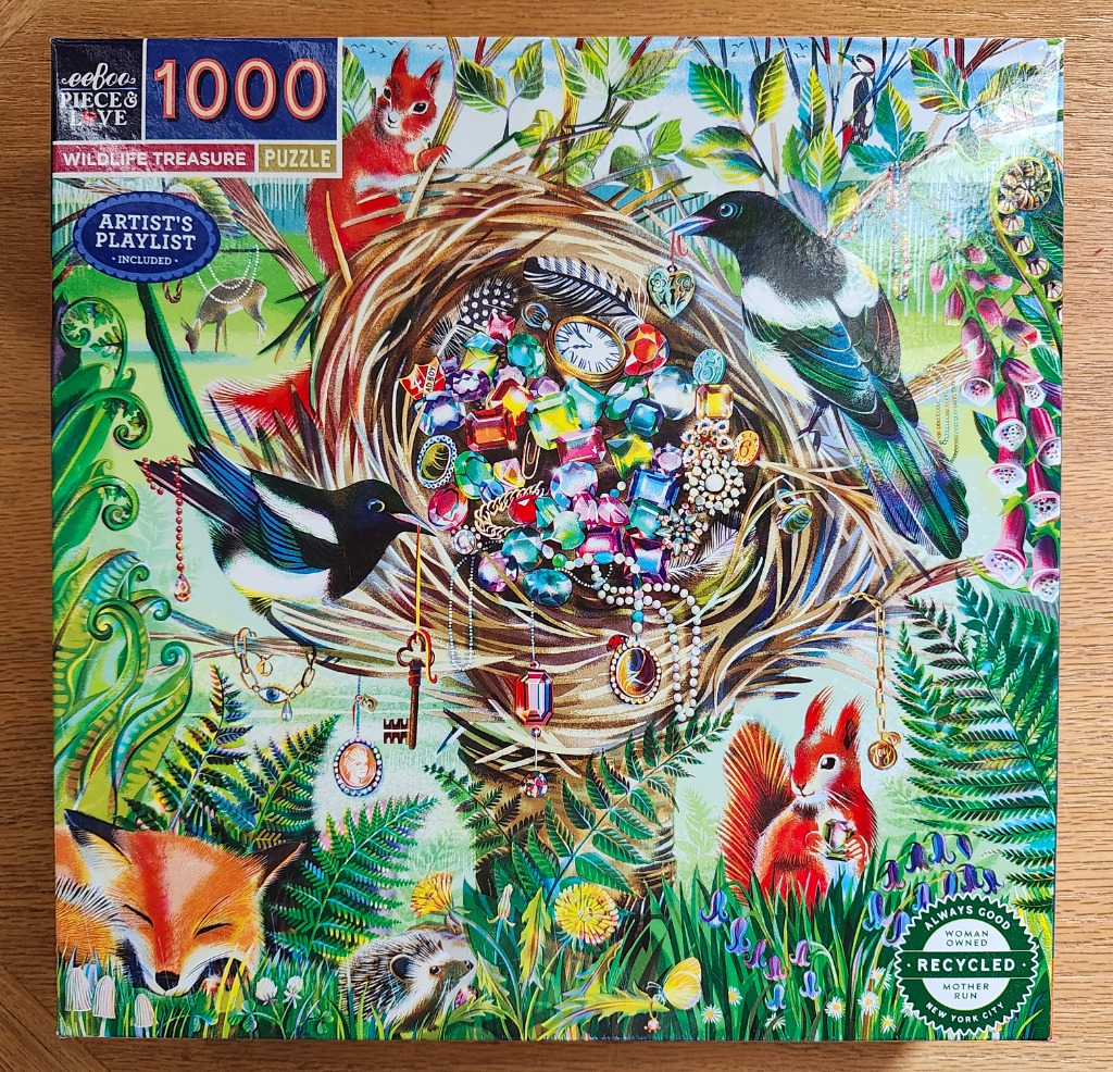 An illustration of a bird's nest filled with glittering jewels and treasures, surrounded by forest wildlife.