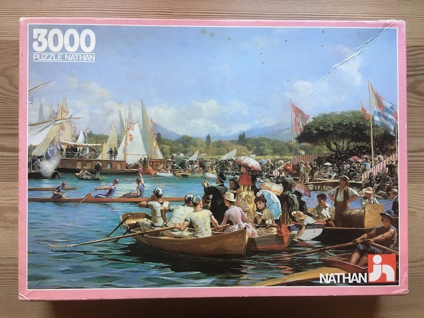 An oil painting of a busy regatta scene with rowing boats on the water and spectators on the shore.