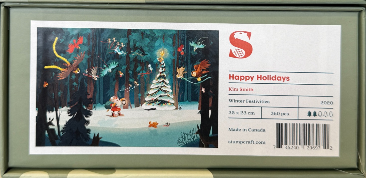 An illustration of Santa Claus in a snowy forest at night, surrounded by birds and animals near a decorated tree.