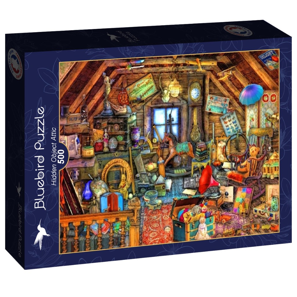 Cluttered attic room filled with vintage toys, furniture, and antique collectibles.