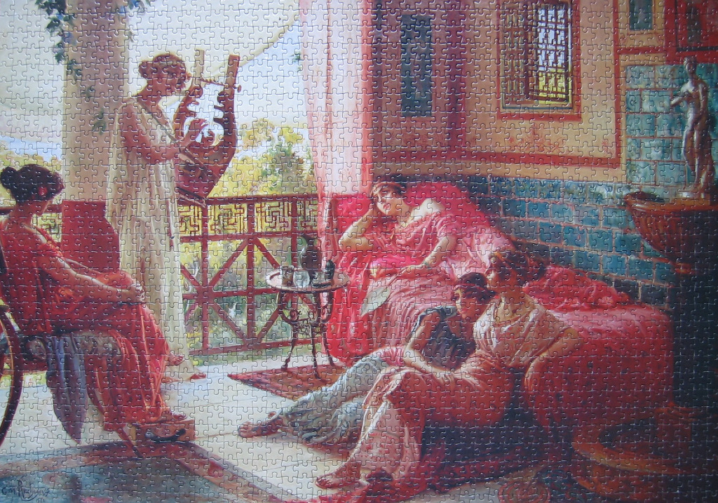 A classical painting of four women in an ornate interior with a balcony, one playing a lyre.