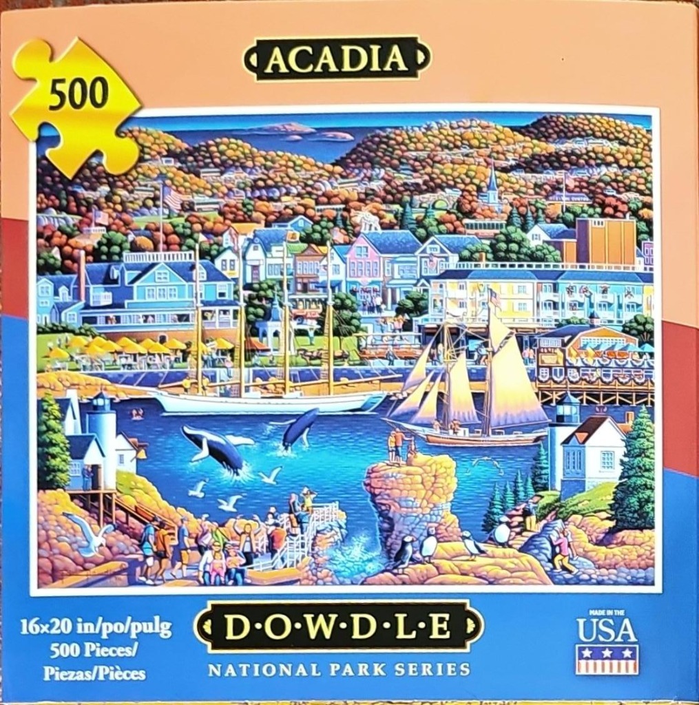 Folk art illustration of the Acadia coastline featuring sailing ships, whales, and a coastal town.