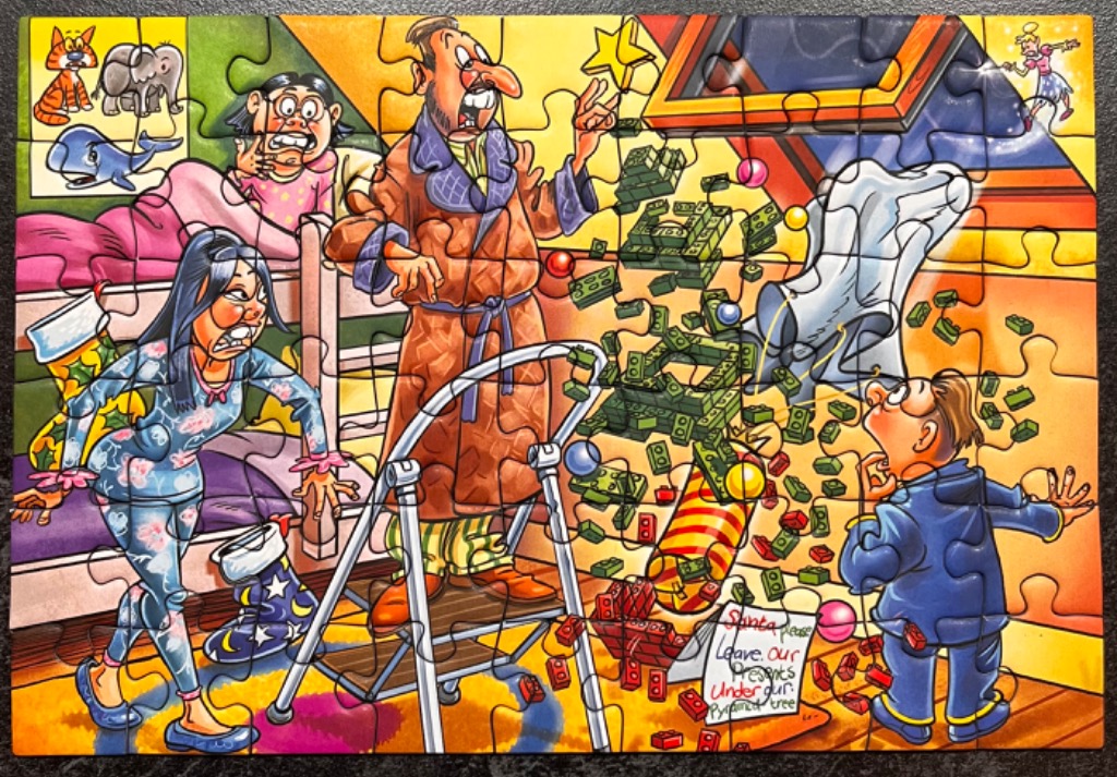 Cartoon illustration of a chaotic Christmas morning with a family and falling presents.