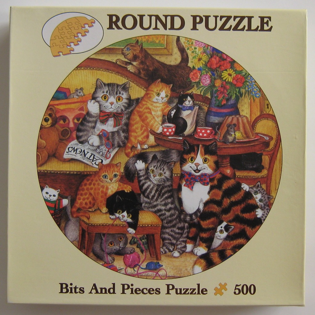 Whimsical illustration of numerous cats interacting in a cozy, cluttered living room setting.