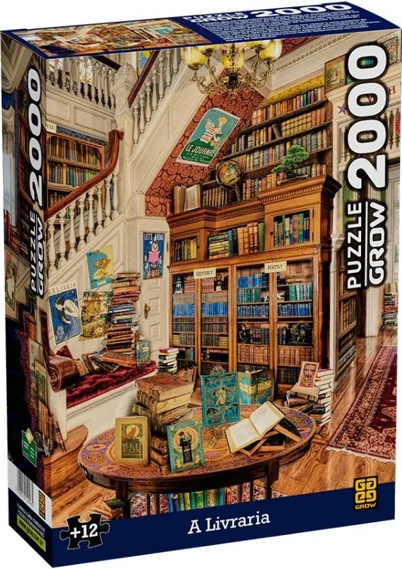 A cozy, multi-level home library filled with wooden bookshelves, stacks of books, and an ornate reading table.