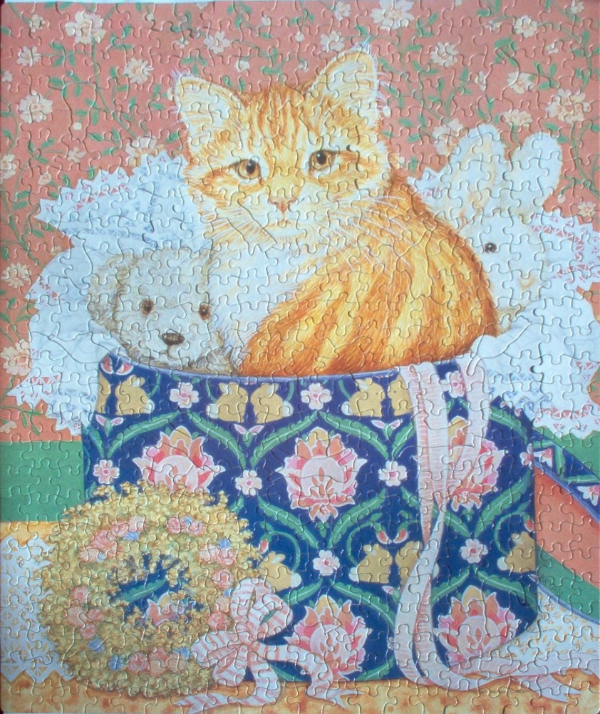 An orange tabby cat and a small white puppy nestled inside a decorative floral patterned box.
