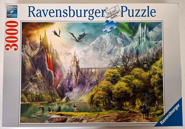 A fantasy illustration featuring a divided landscape with a volcanic castle on the left and a serene castle on the right.