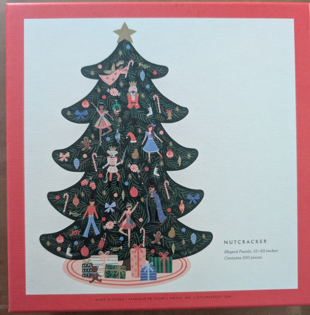 A whimsical illustration of a dark green Christmas tree decorated with Nutcracker-themed characters.