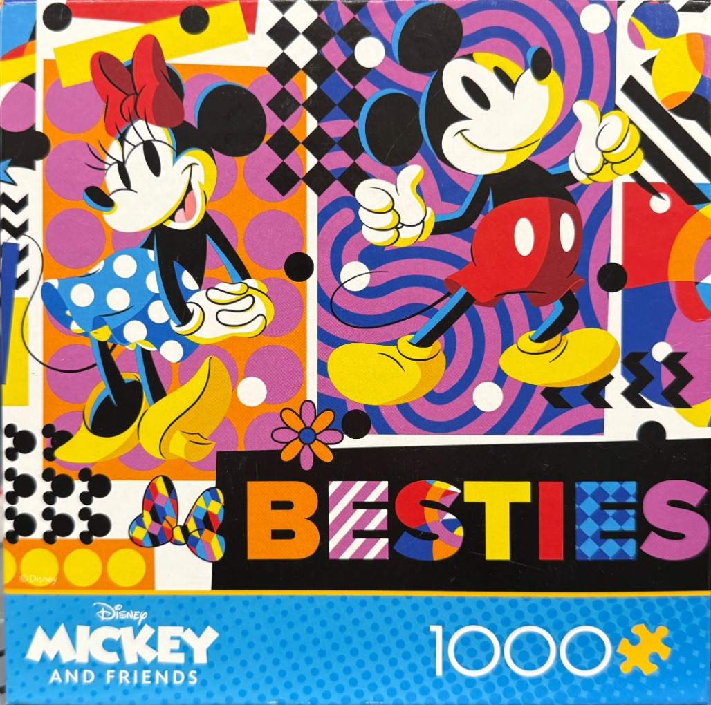 A vibrant pop-art style illustration of Mickey and Minnie Mouse against geometric patterns and the word BESTIES.