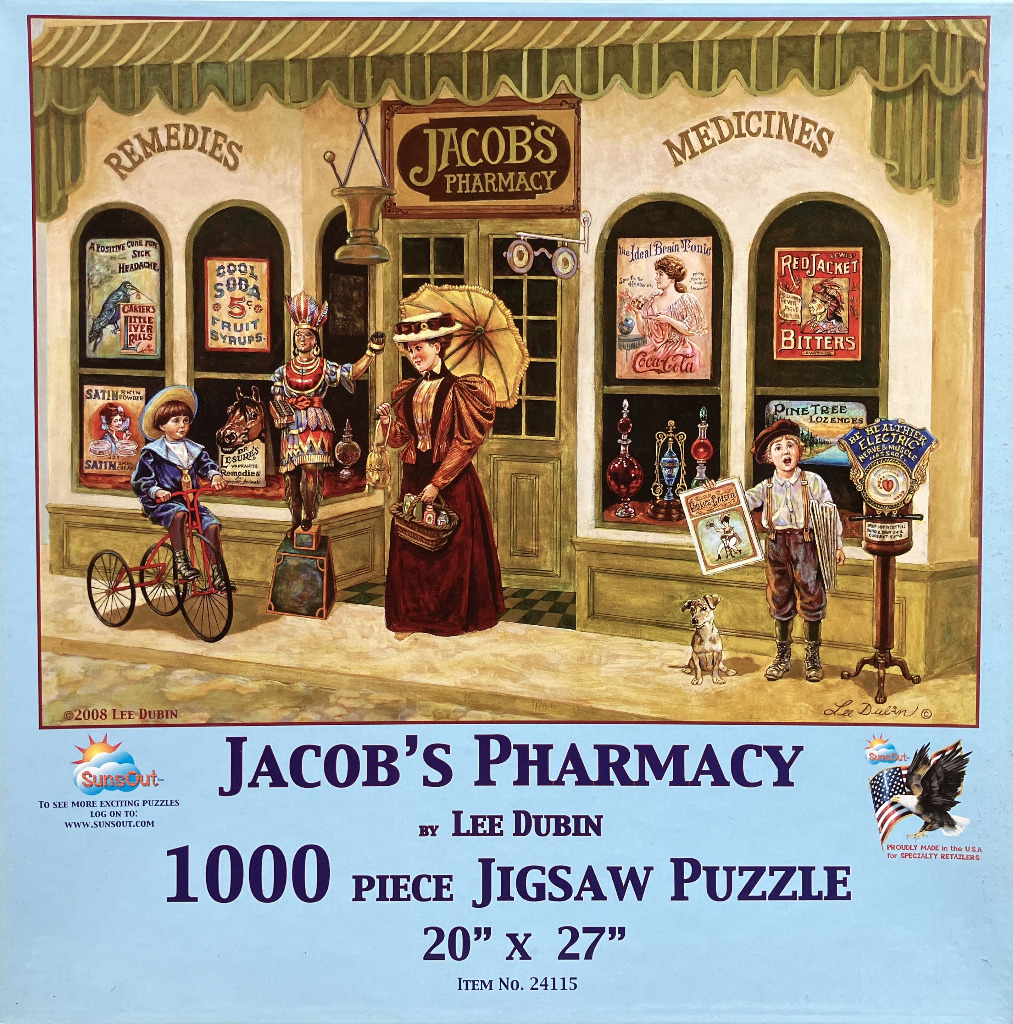 Nostalgic illustration of a vintage pharmacy storefront with people, a child on a tricycle, and various advertising signs.