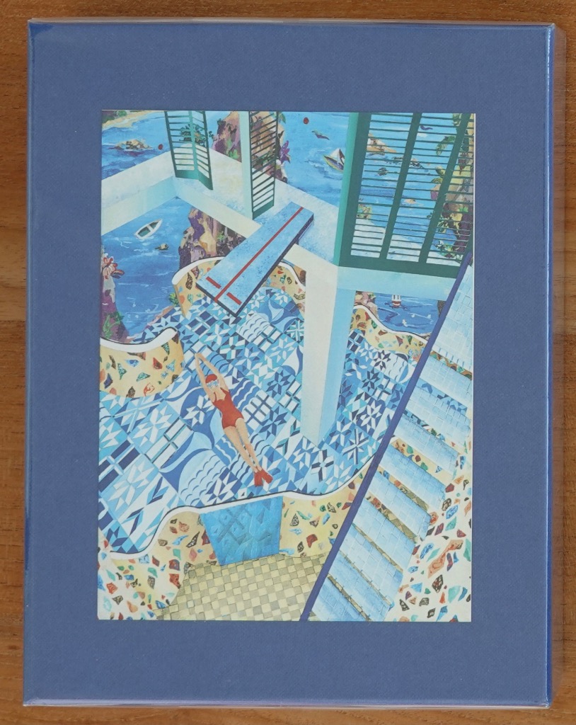 An artistic illustration of a woman in a red swimsuit diving into a tiled swimming pool overlooking a coastal landscape.