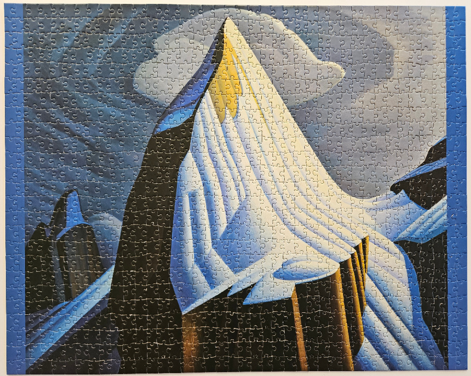 A stylized, geometric illustration of a snowy mountain peak against a dark, cloudy sky.