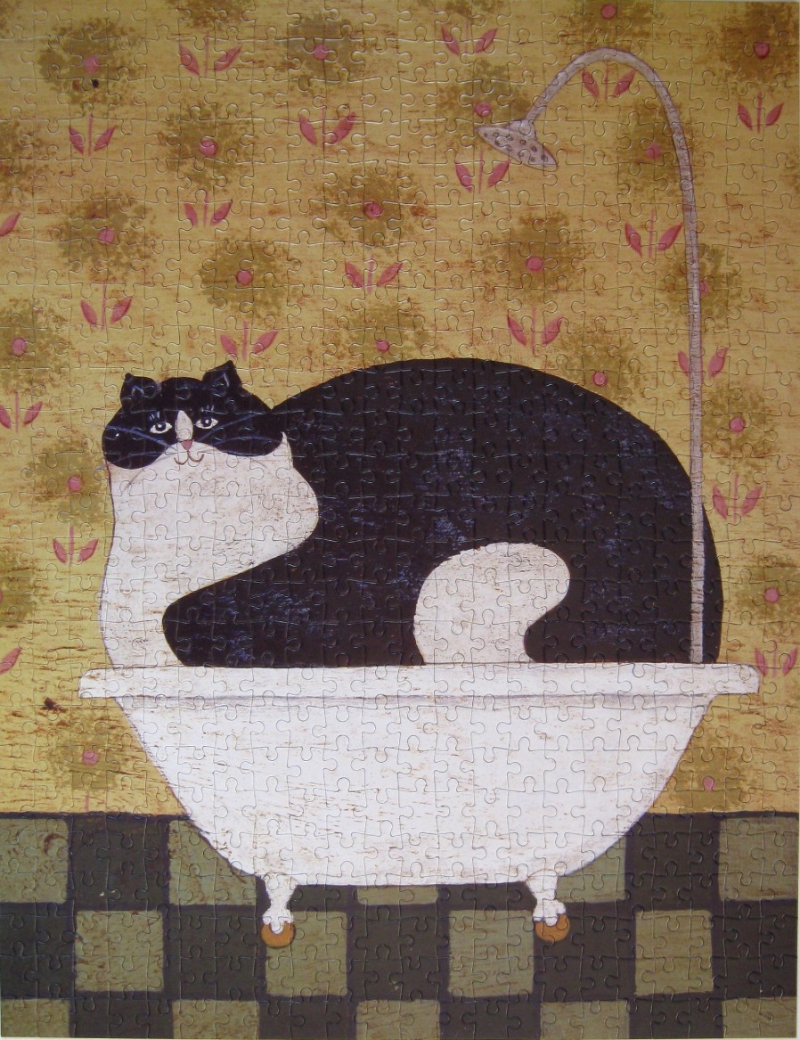 A whimsical illustration of a black and white cat sitting in a white clawfoot bathtub against a patterned yellow wall.