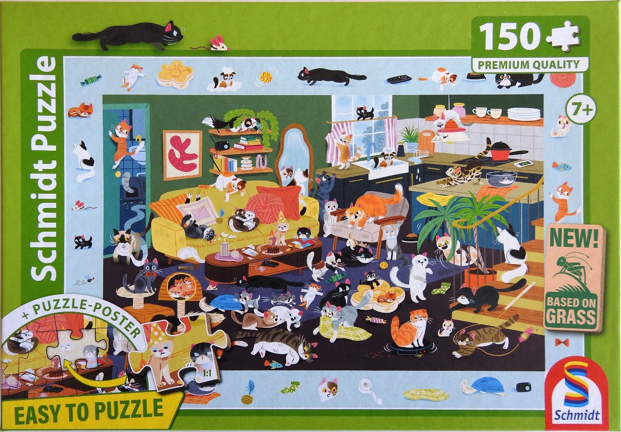 An illustration of a chaotic, cat-filled apartment scene with dozens of cats in various activities.