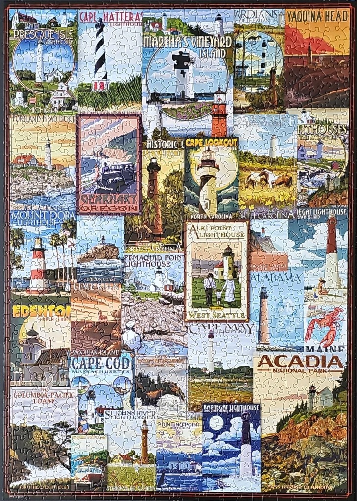 A collage of vintage-style travel posters depicting various famous lighthouses across the United States.