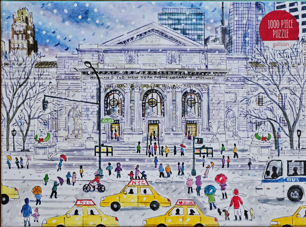 Watercolor painting of the New York Public Library facade in winter with yellow taxis and snow.