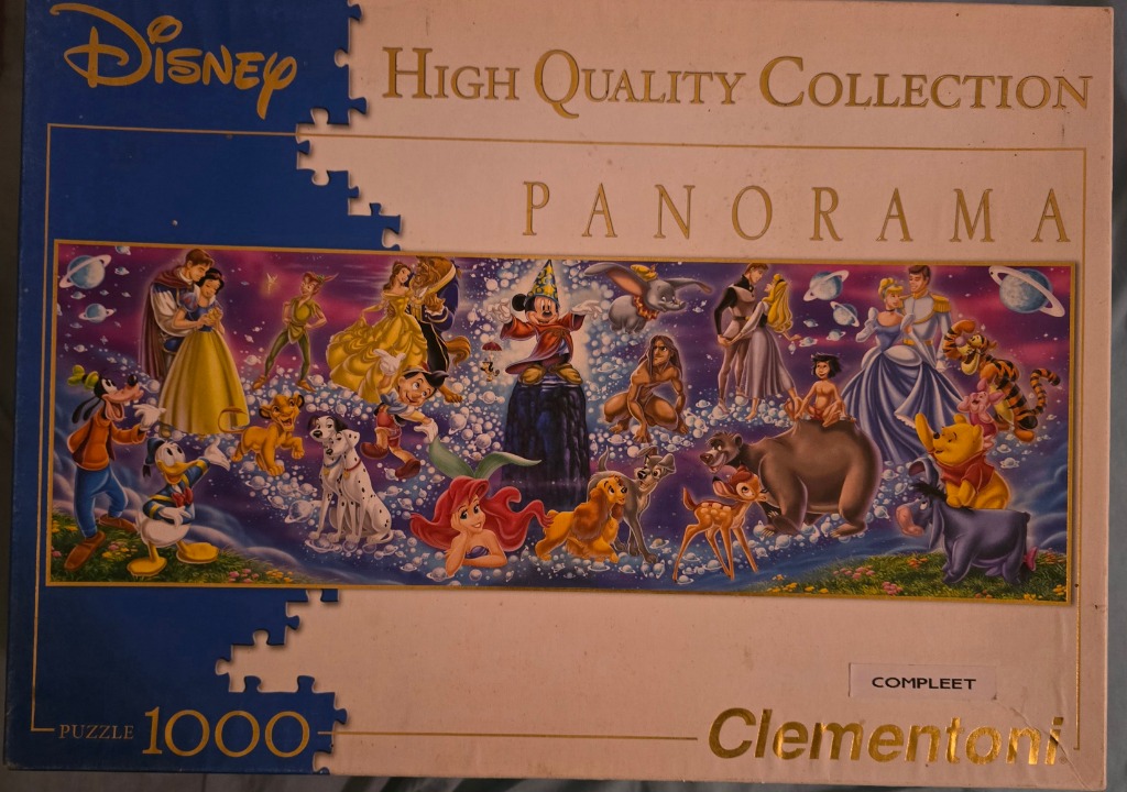 A panoramic illustration of numerous classic animated Disney characters set against a starry, magical background.