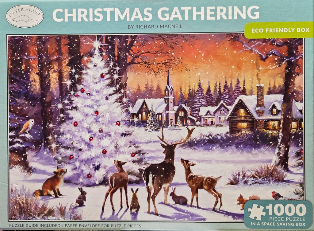 An oil painting of woodland animals gathered around a glowing Christmas tree in a snowy village at sunset.
