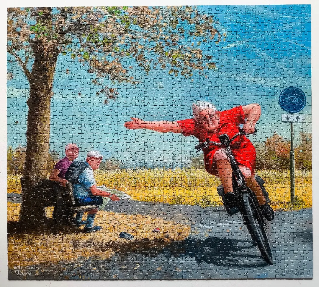 An elderly woman in a red dress speeds past two seated seniors on a bicycle.