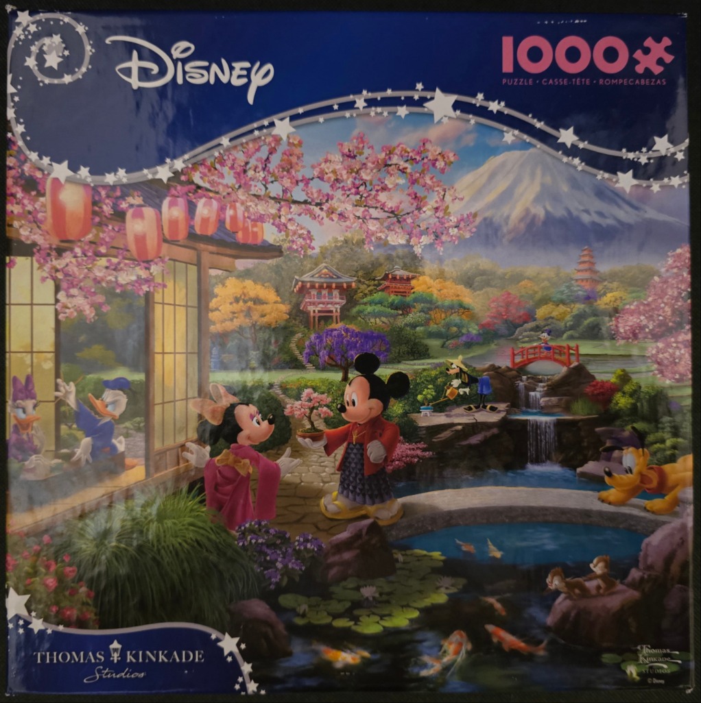 Mickey and Minnie Mouse in Japanese-inspired garden with Disney characters and Mount Fuji in the background.