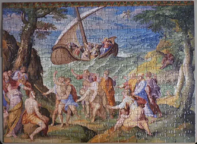 A classical oil painting showing a ship arriving at a shore populated by numerous figures in robes.