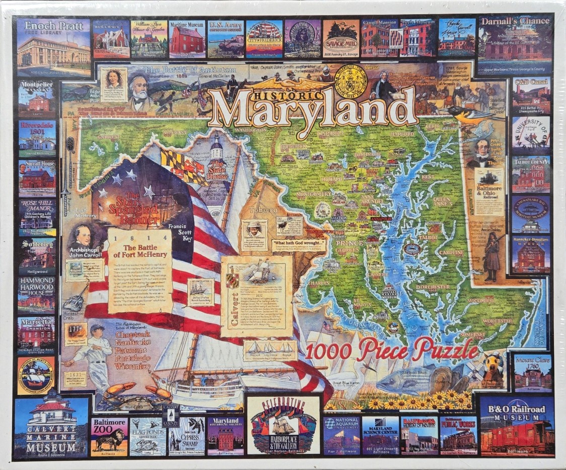 A montage map of Maryland featuring historical vignettes and landmarks surrounded by small labeled rectangular images.
