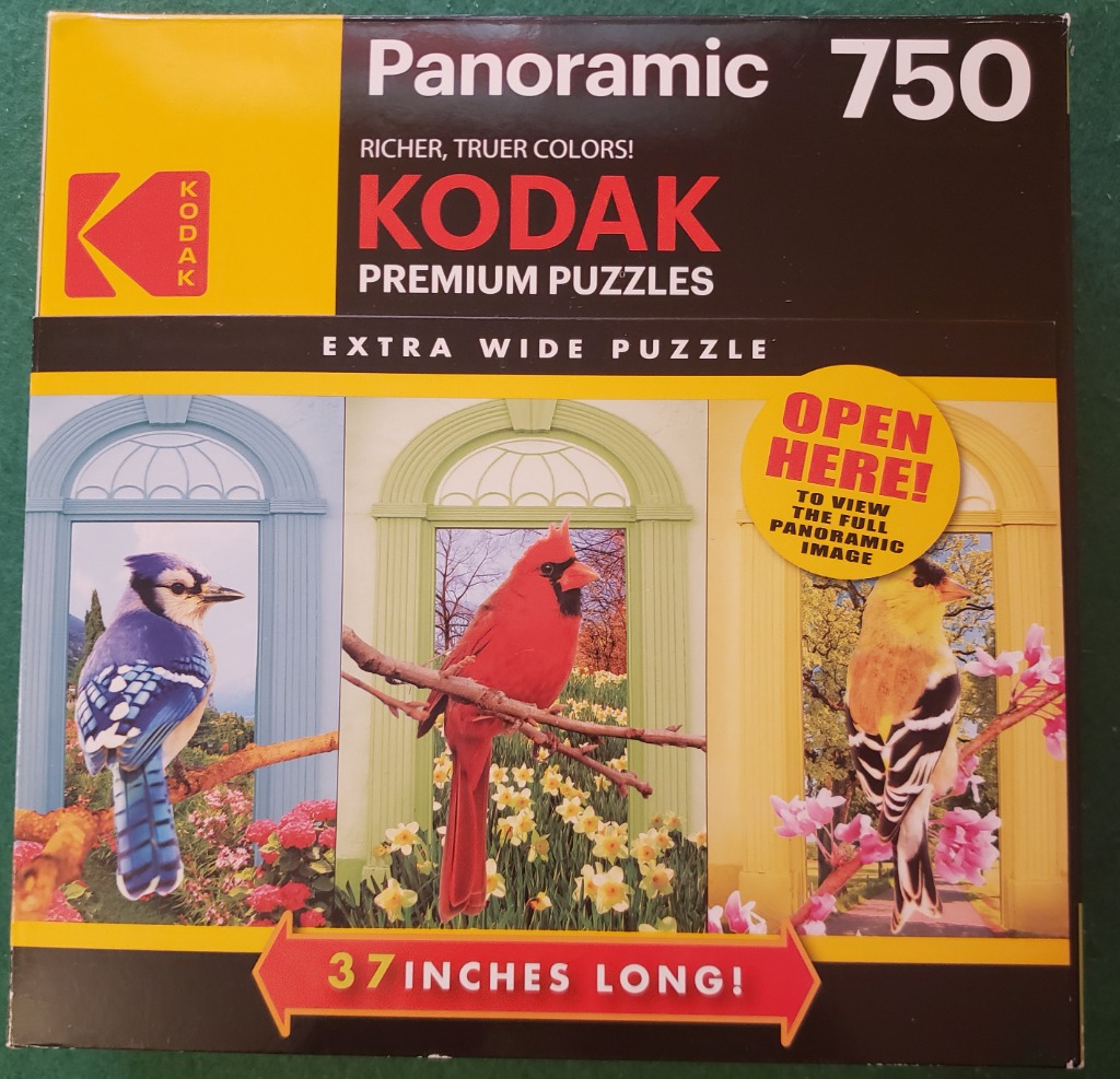 A panoramic illustration of a blue jay, a northern cardinal, and a goldfinch each perched in front of an arched doorway.
